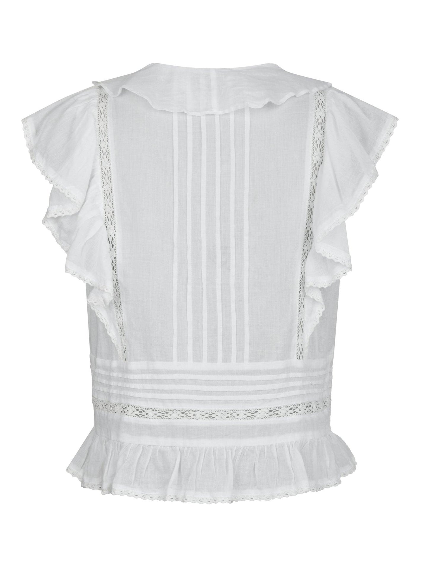 Bluse von hinten, man sie Lochstickerei Details und die Voilants an Ärmel und Kragen von hinten.