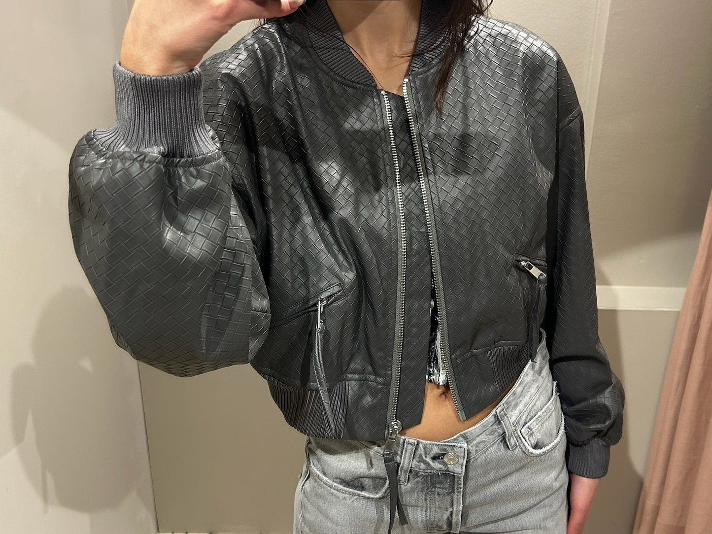 Rotate Cropped Braided Jacket Grey
