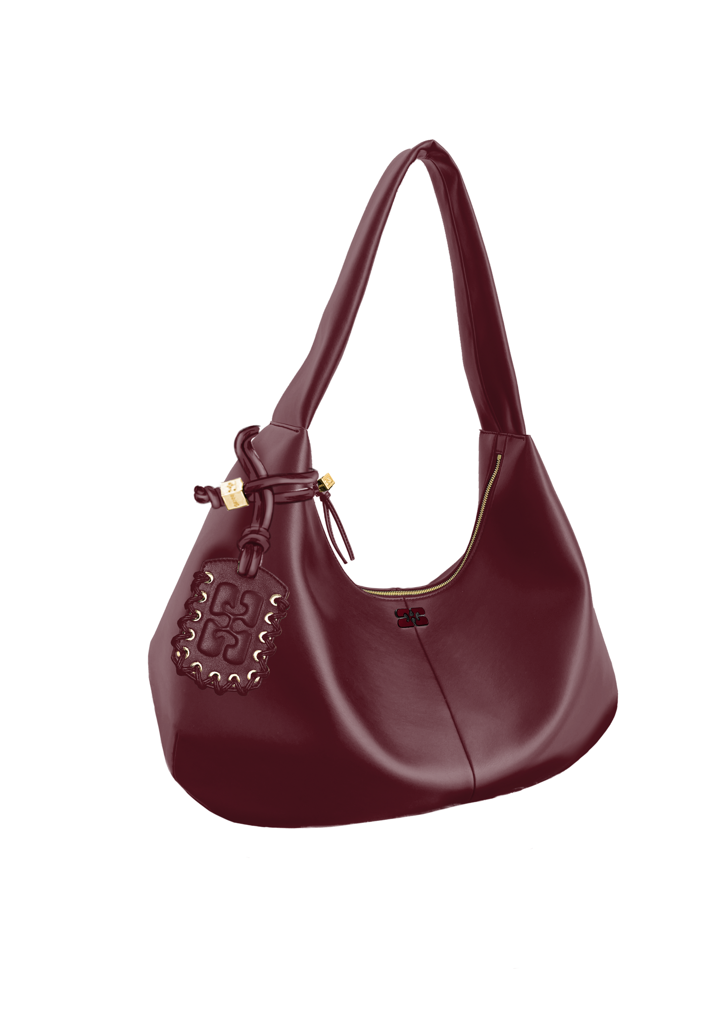 Weinrote Tasche vor weißem Hintergrund. Sie hat goldenen Hardware und einen farblich passenden Bagcharm.