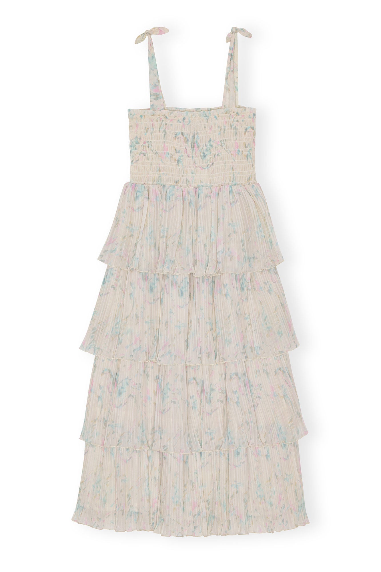GANNI Pleated Georgette Strap Smock Midi Dress