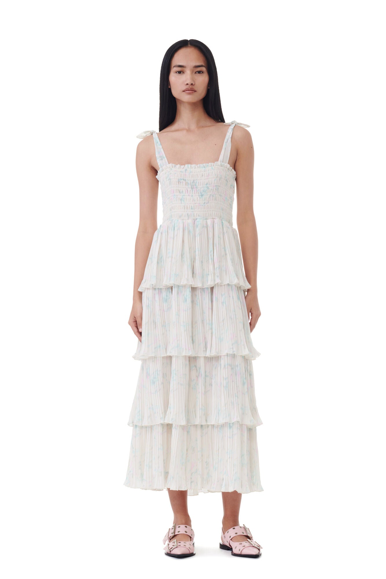 GANNI Pleated Georgette Strap Smock Midi Dress