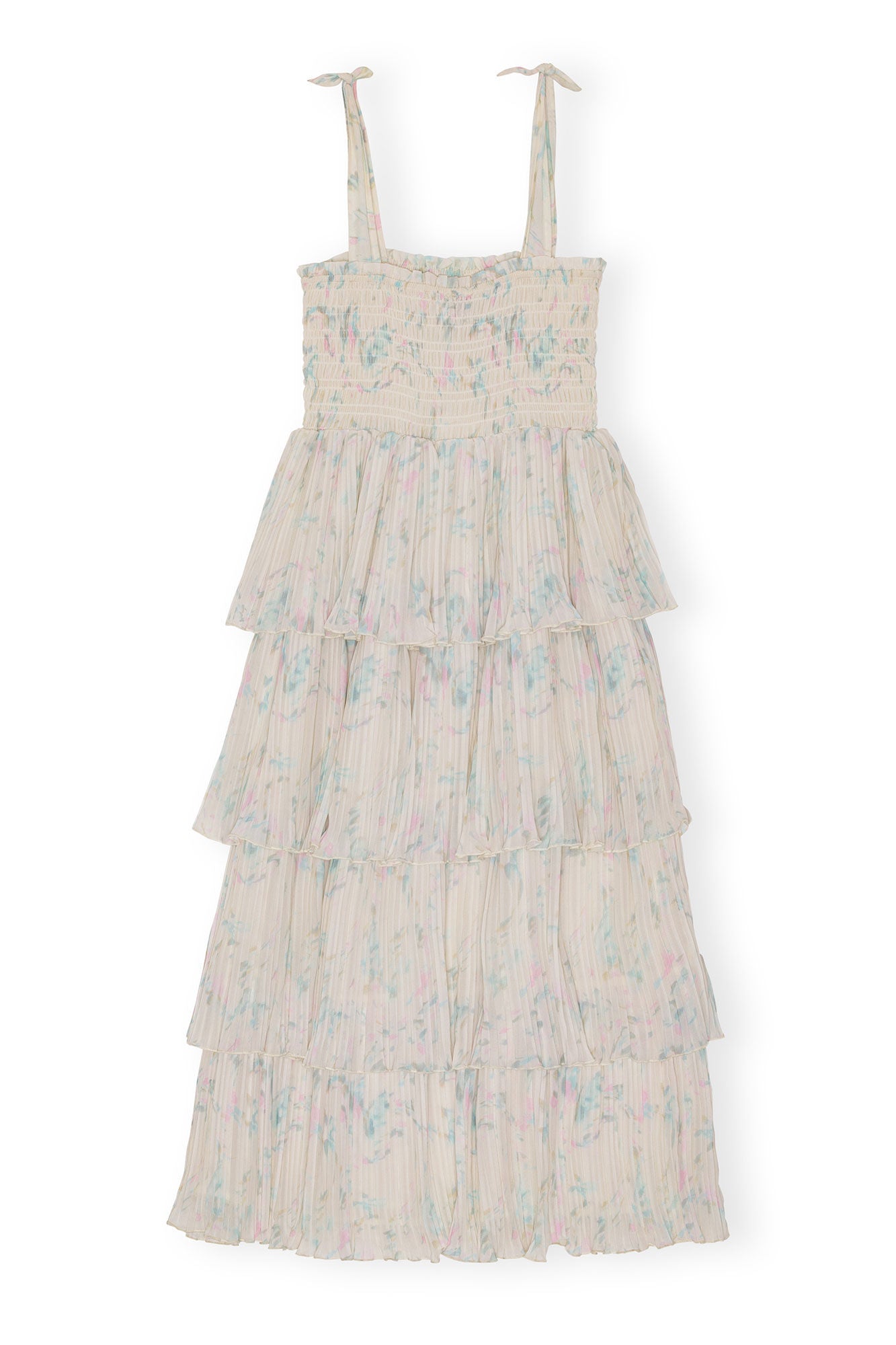 GANNI Pleated Georgette Strap Smock Midi Dress