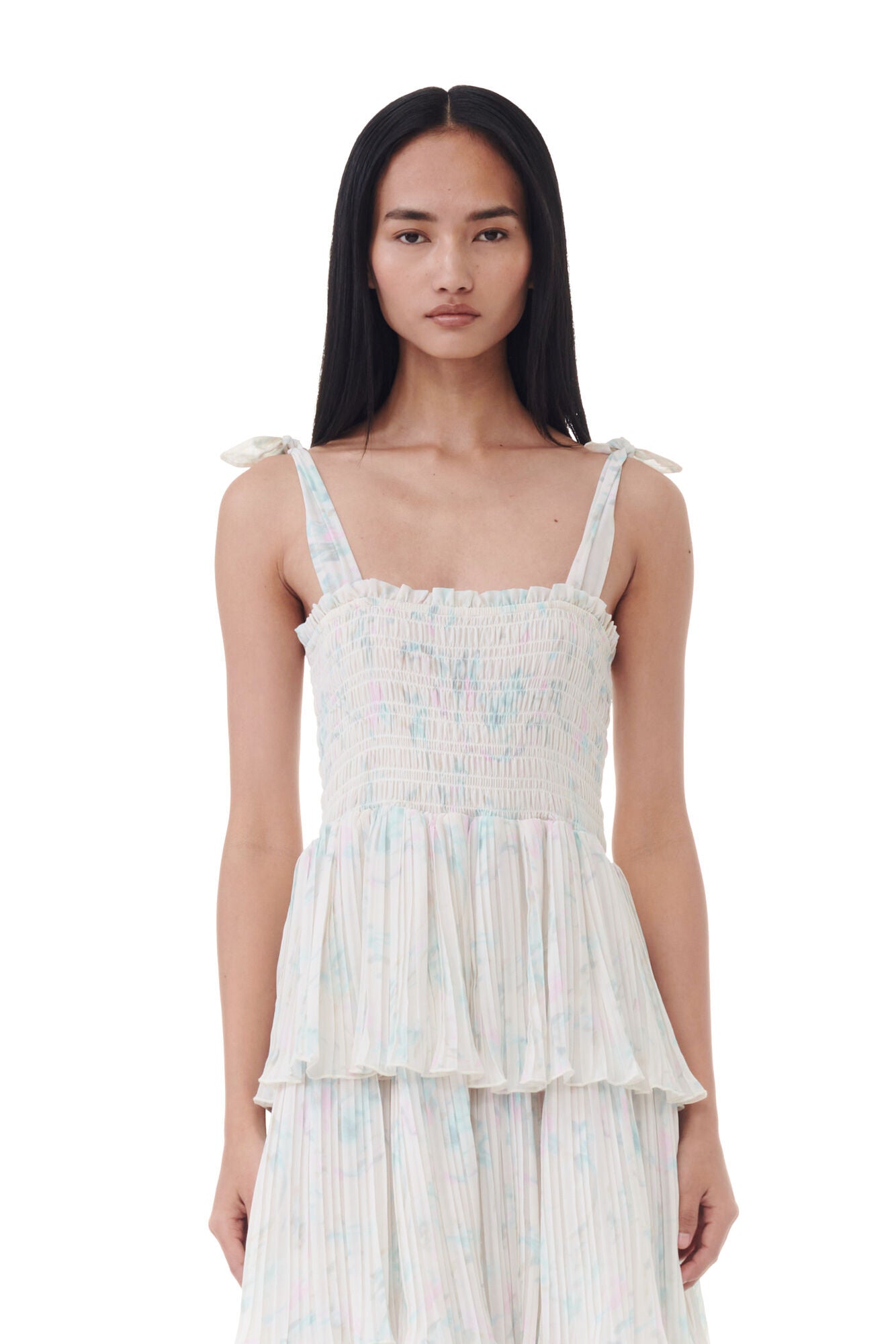 GANNI Pleated Georgette Strap Smock Midi Dress