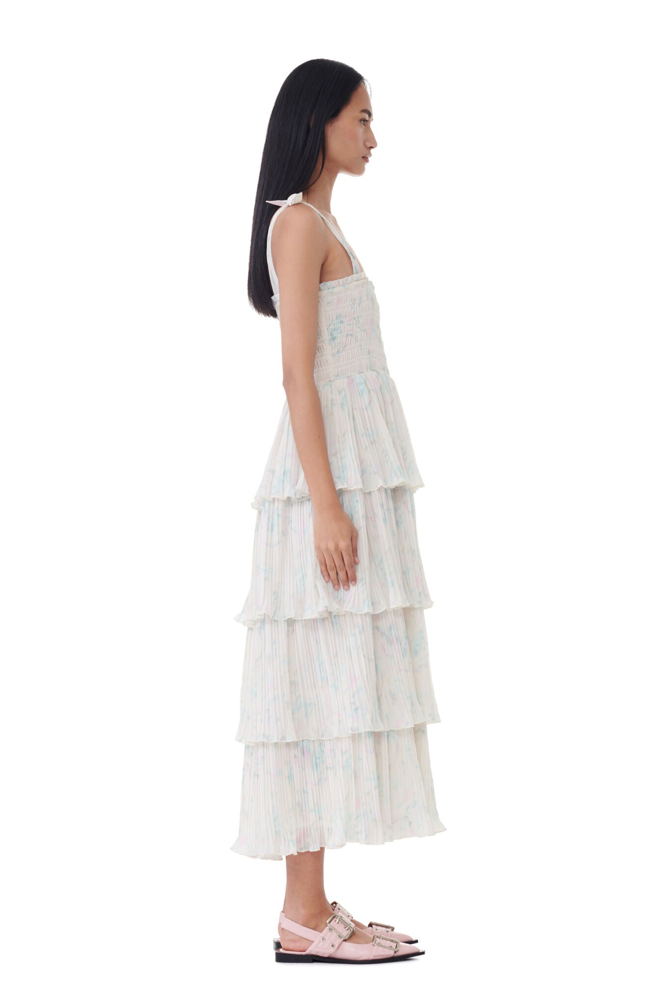 GANNI Pleated Georgette Strap Smock Midi Dress
