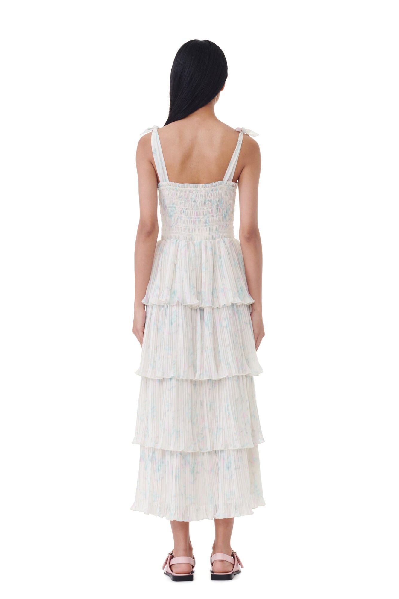 GANNI Pleated Georgette Strap Smock Midi Dress