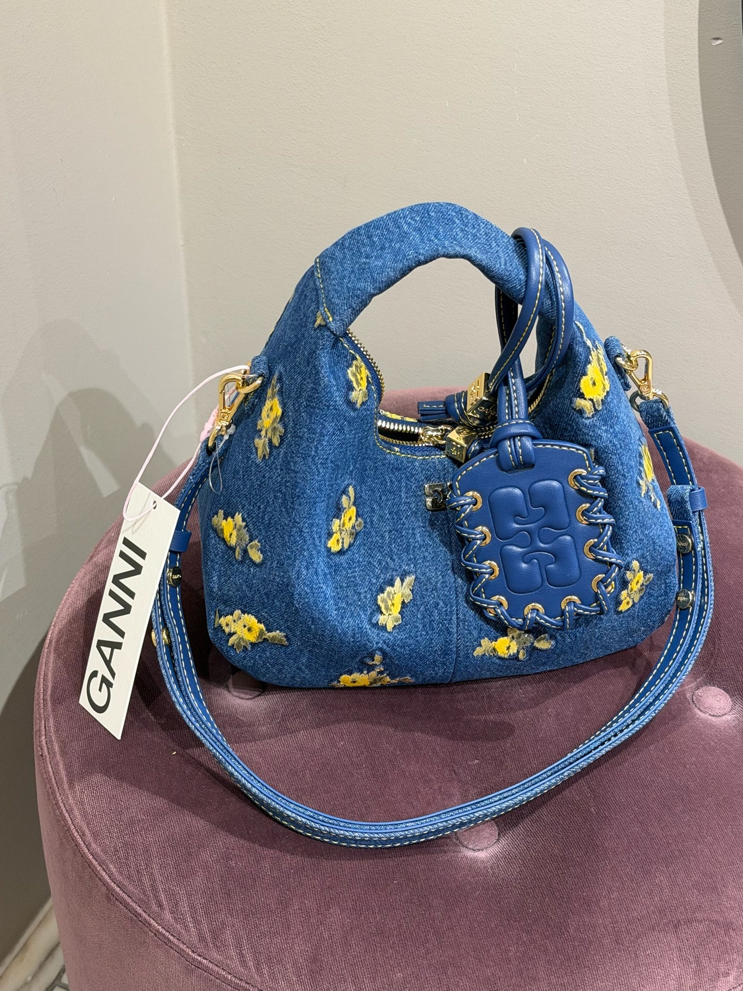 Hobo Bag Mini Denim Flowers Debossed