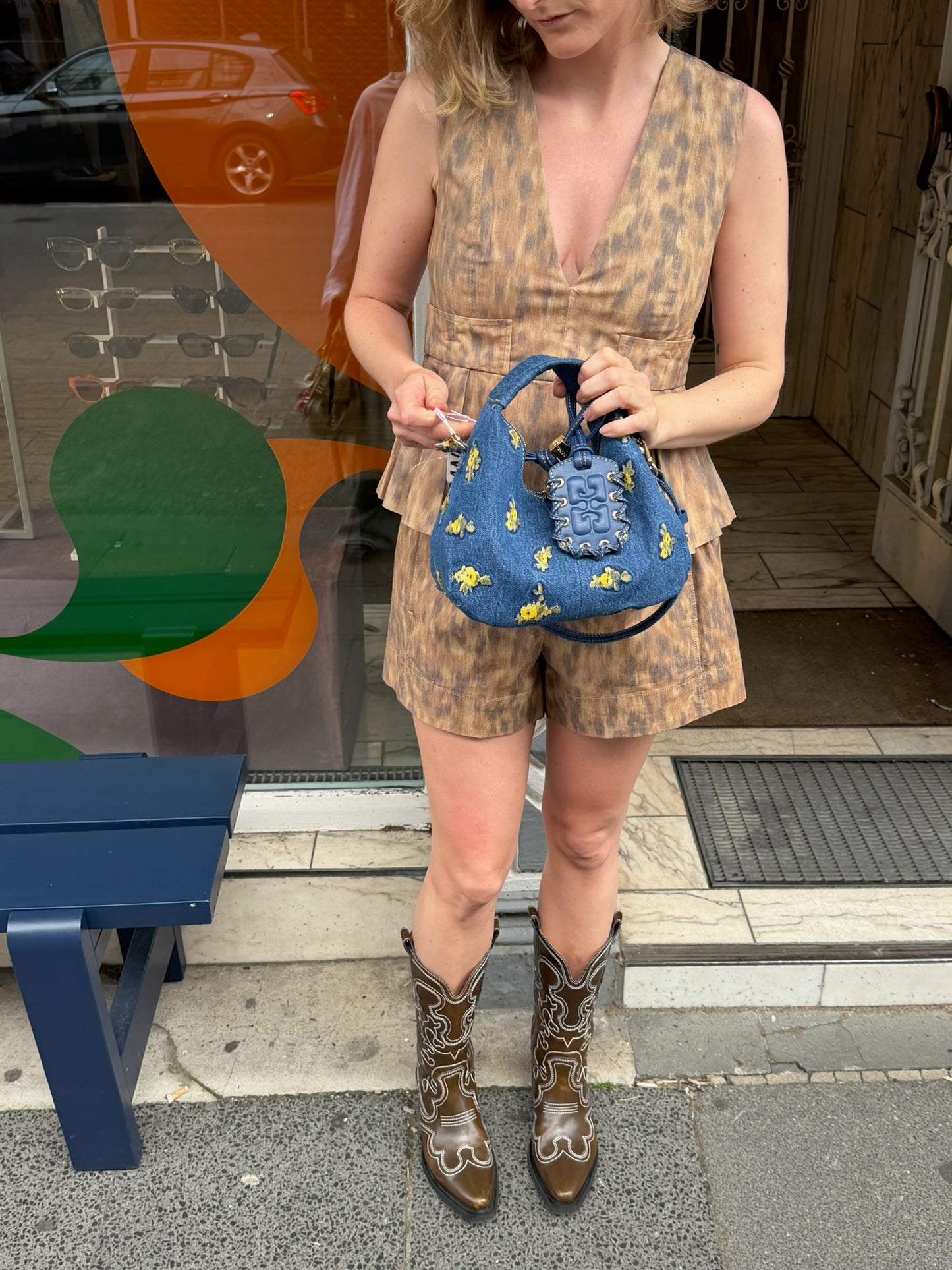 GANNI Hobo Mini Denim Flowers Debossed