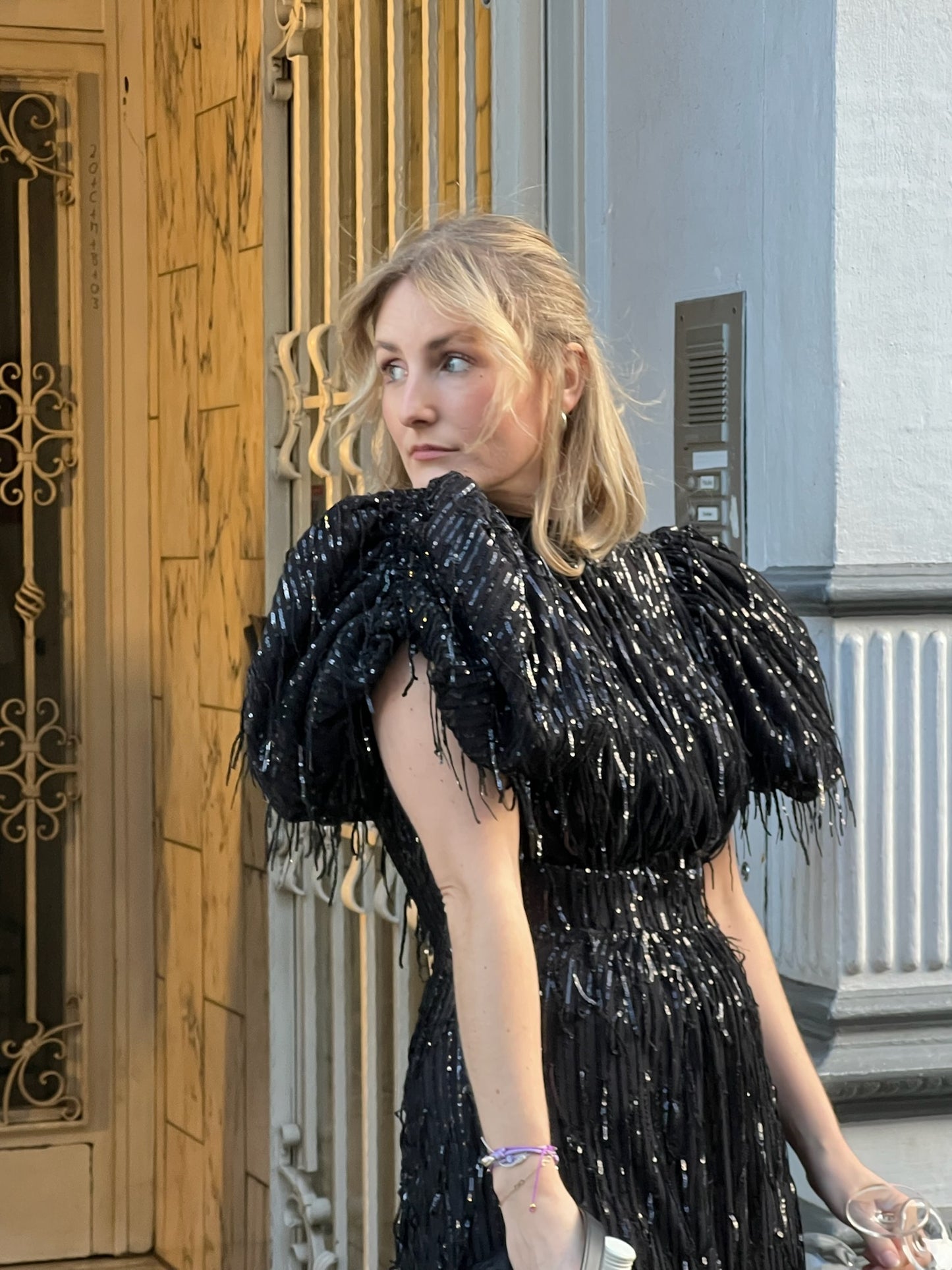 Rotate Sequin Midi Puff Dress