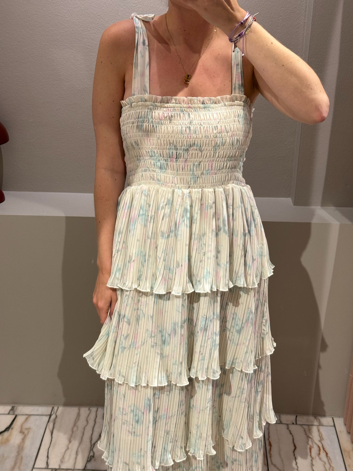 GANNI Pleated Georgette Strap Smock Midi Dress