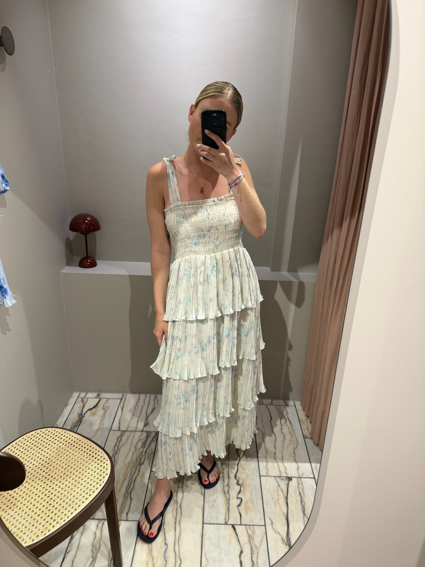 GANNI Pleated Georgette Strap Smock Midi Dress