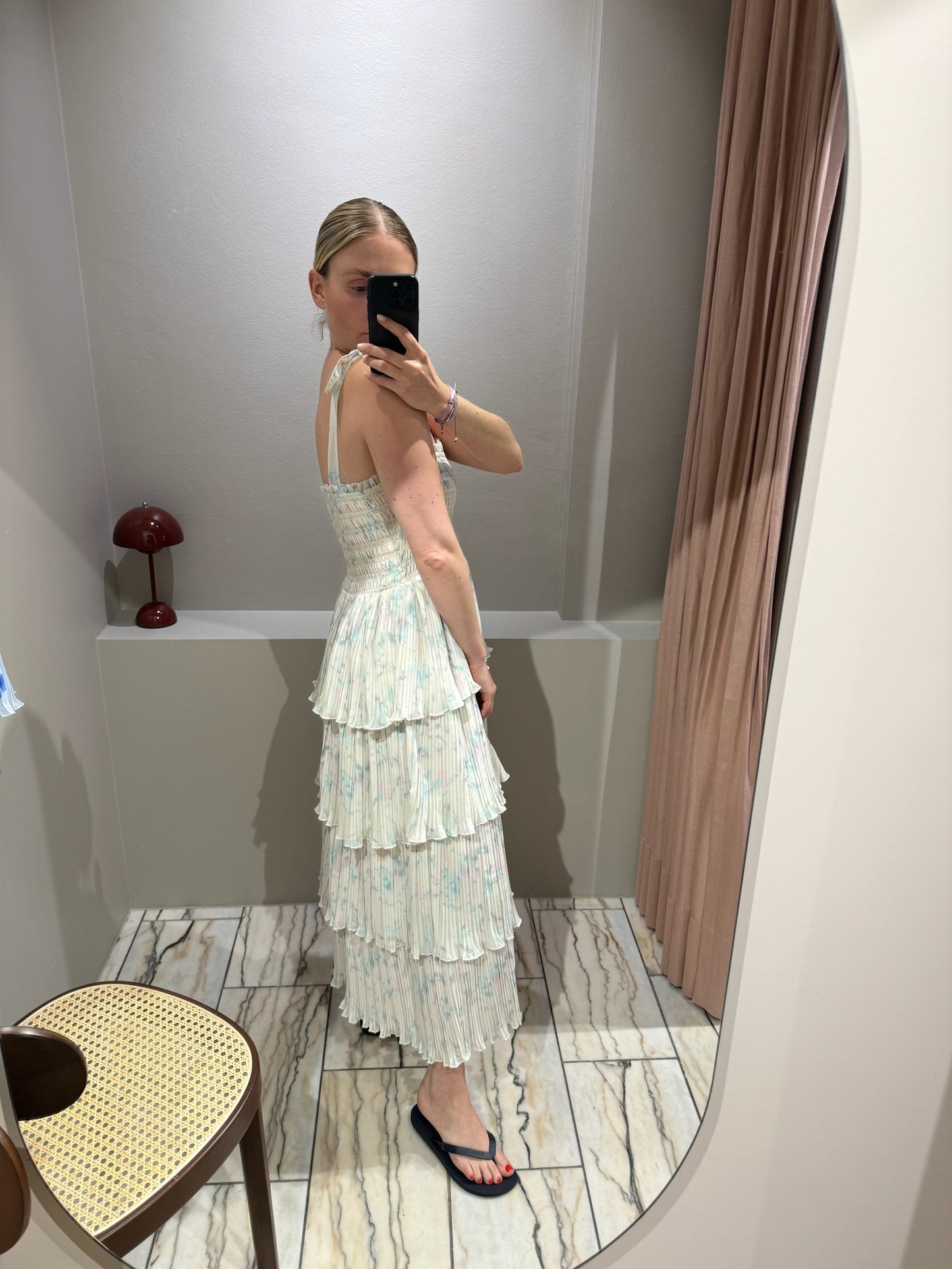 GANNI Pleated Georgette Strap Smock Midi Dress