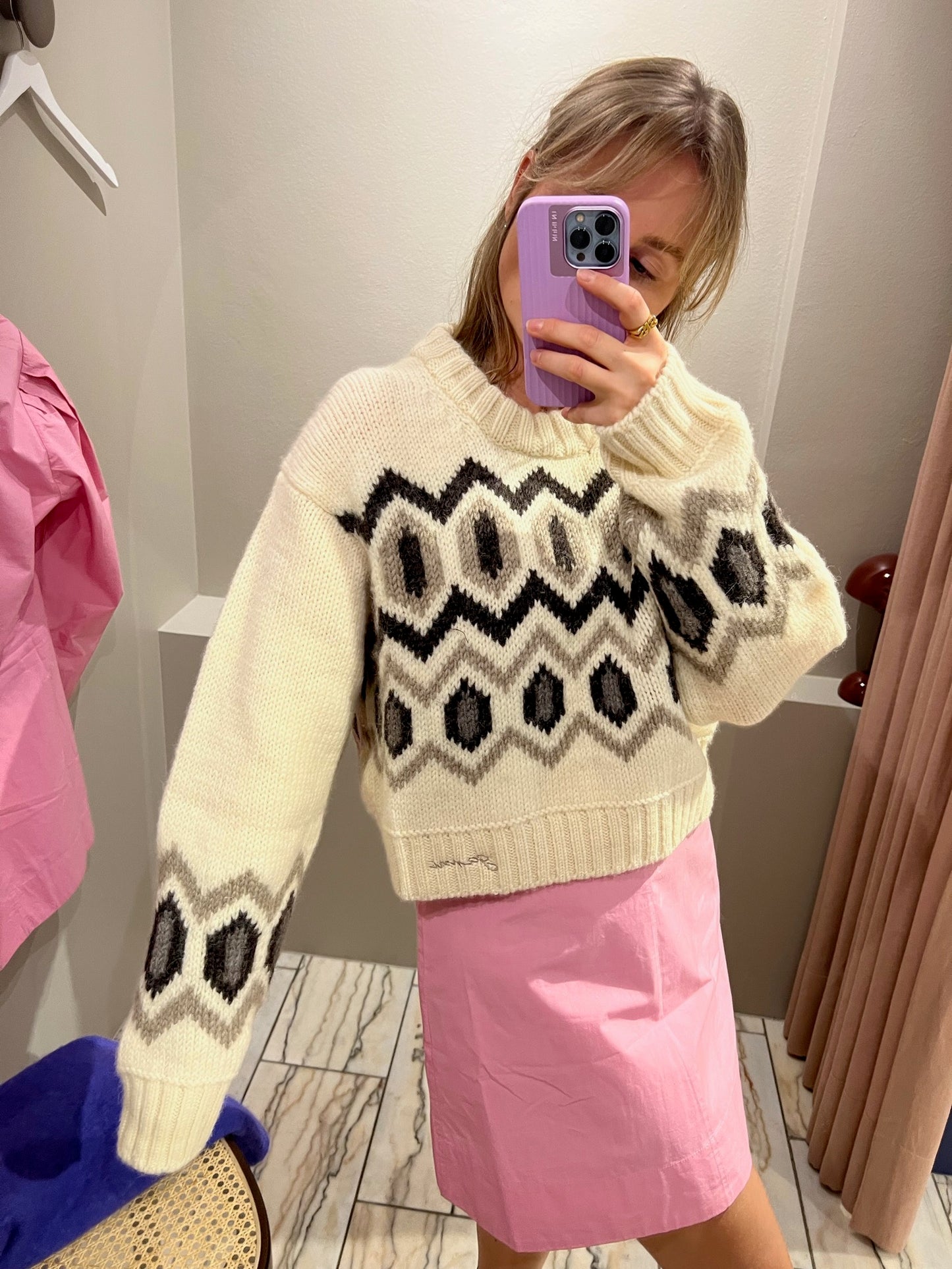 GANNI Cropped Graphic Wool O-Neck