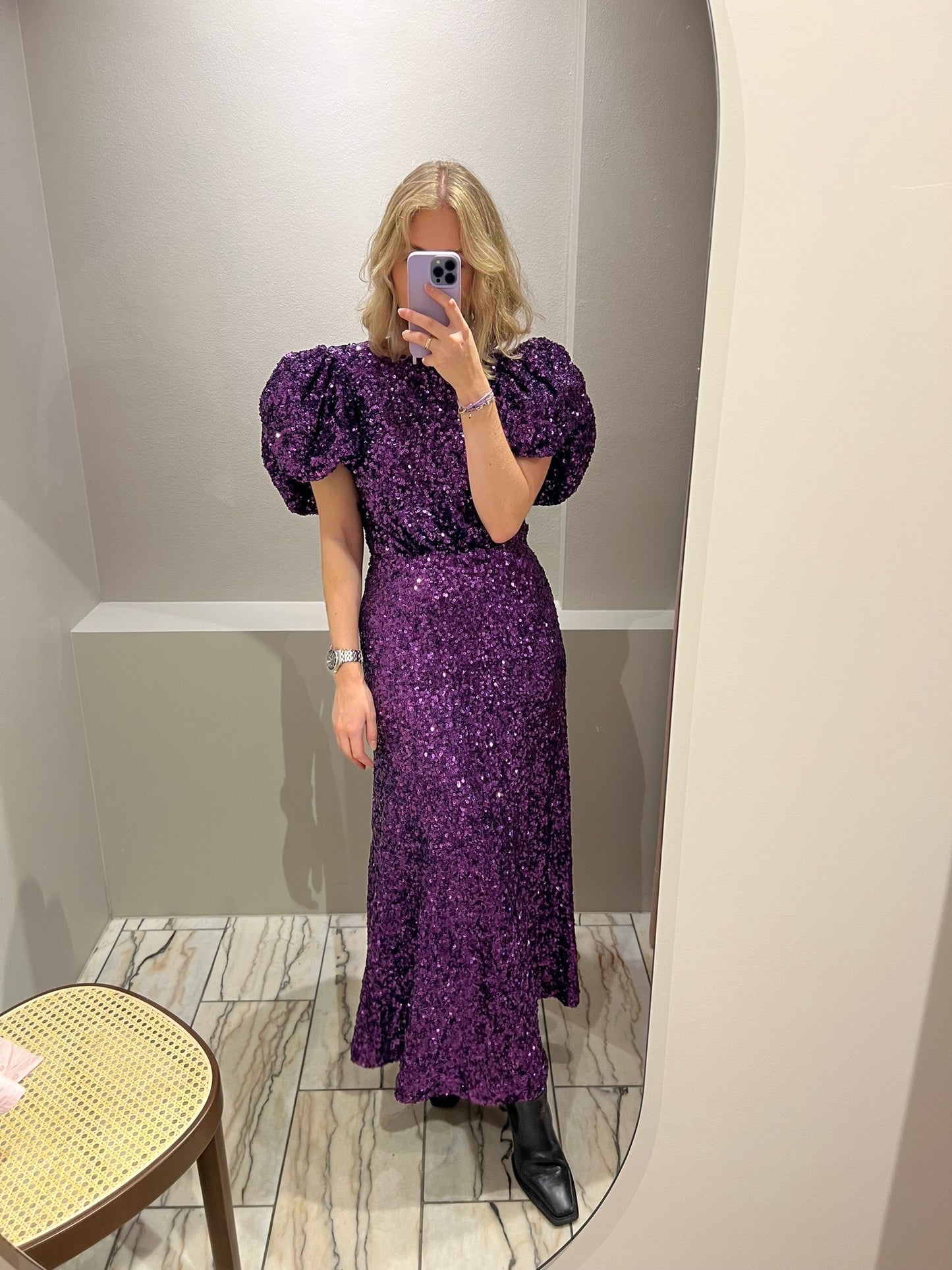Rotate Sequins Puff Sleeve Dress