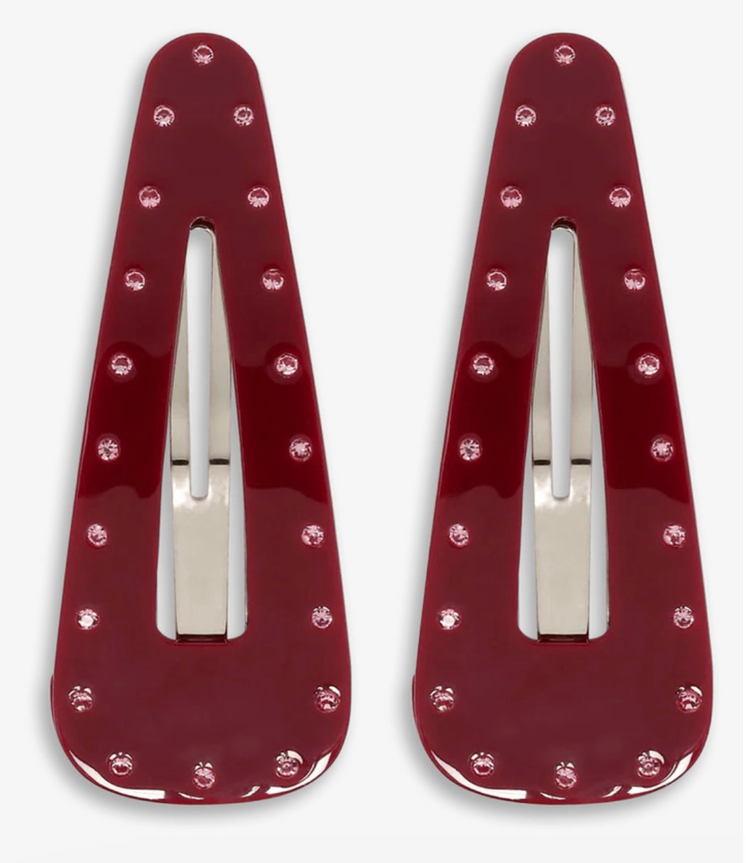 2er Pack Haarspangen in dunkelrot, besetzt mit pinken Strasssteinen