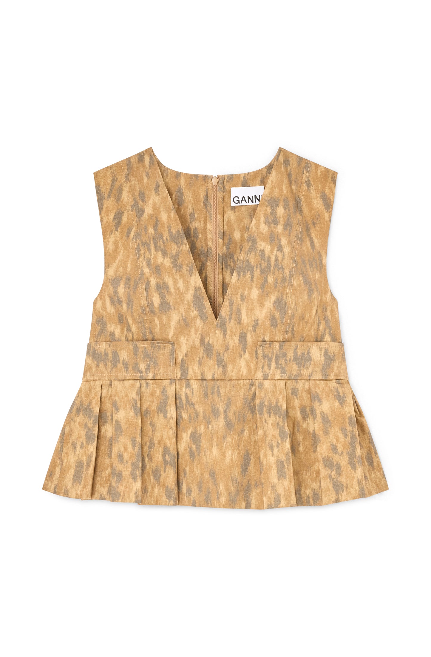 GANNI Printed Stretch Cotton V-neck Pocket Blouse