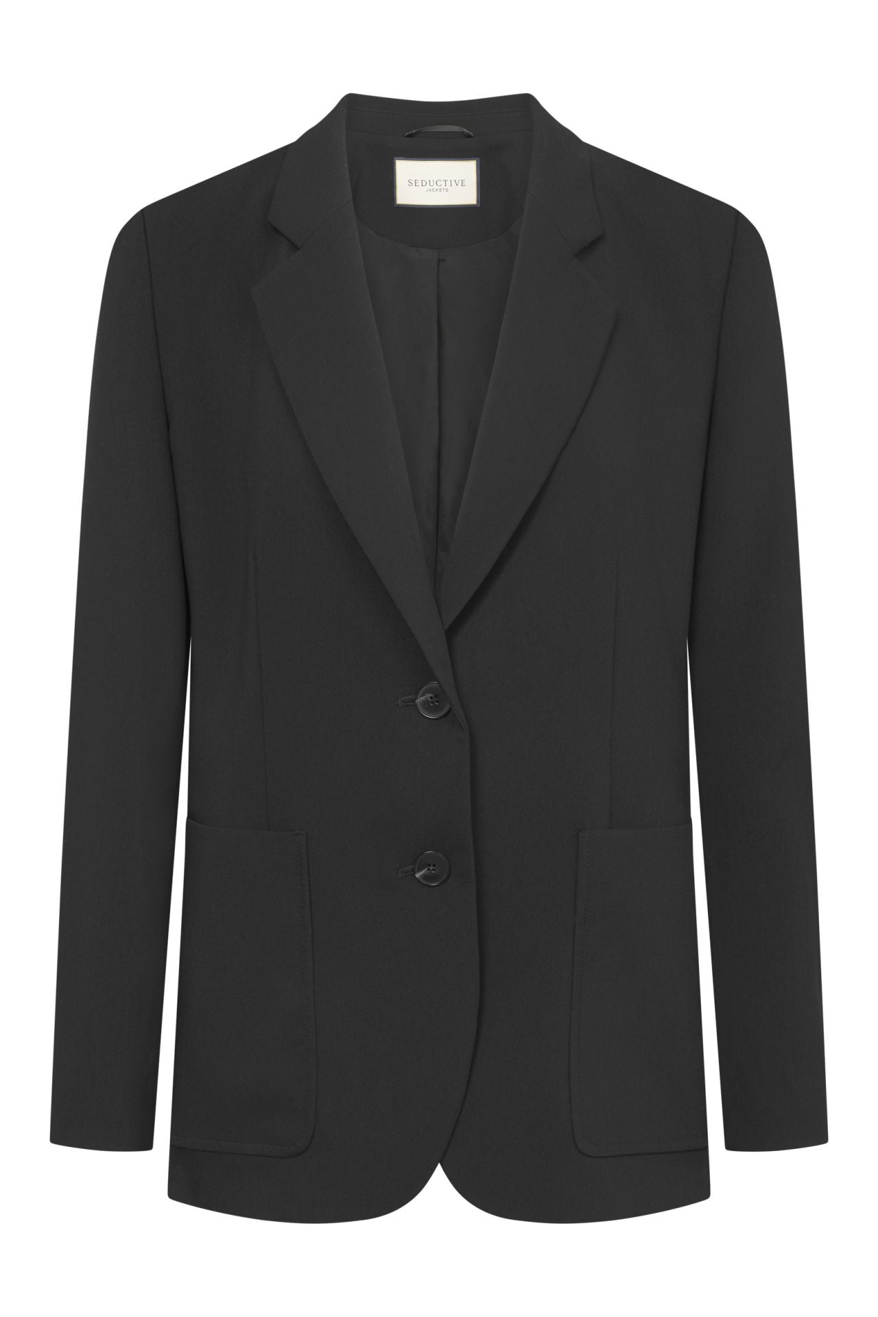 Produktbild vor weißem Hintergrund. Schwarzer Blazer mit doppelter Knopfleiste und aufgesetzten Taschen.