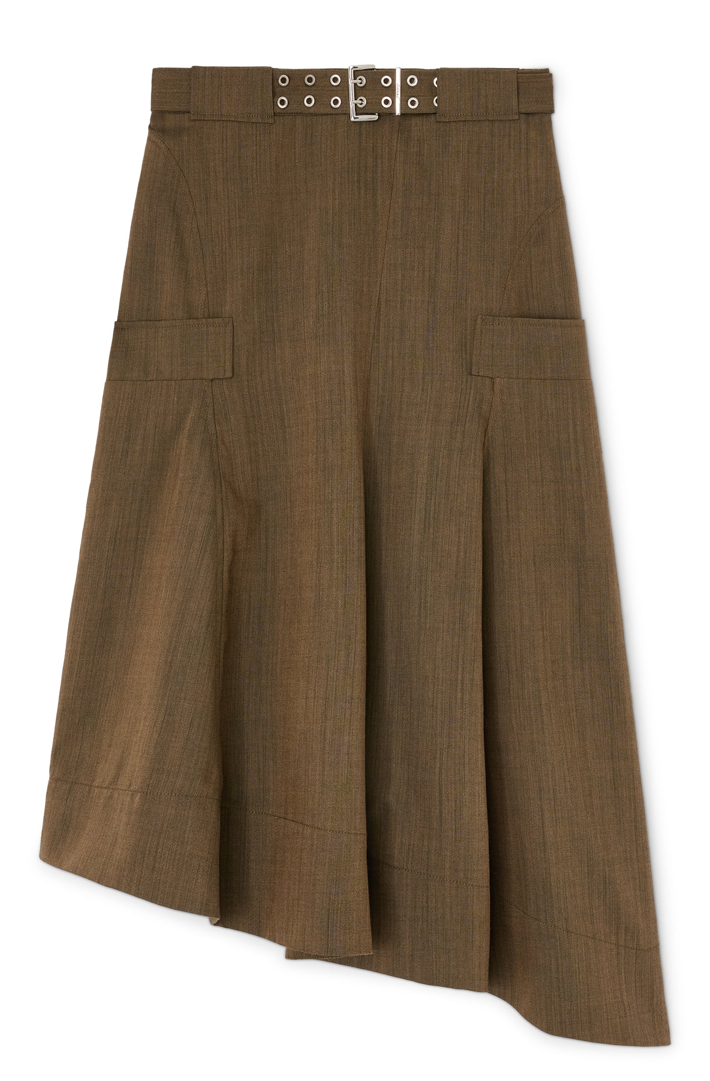GANNI Light Wool Melange Belted Asymmetric Skirt