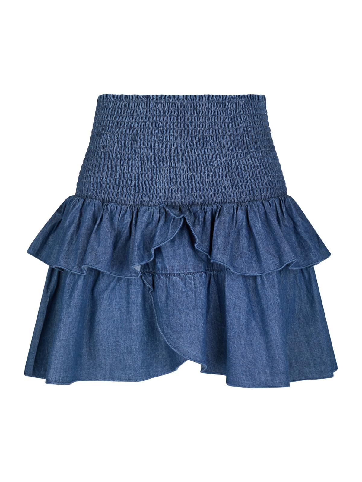Kurzer Stufenrock aus blauem Denim mit gesmoktem Bund und doppellagigem Volant. Der Rock hat eine leicht ausgestellte A-Linie und besteht aus leichtem Jeansstoff.