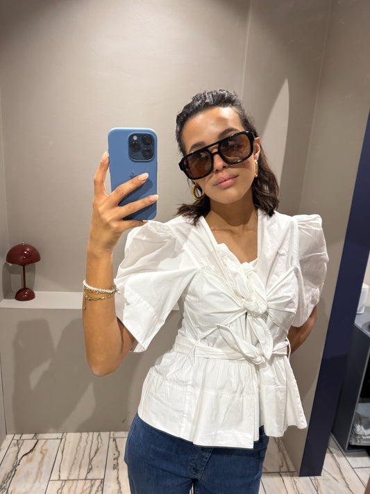 GANNI Washed Stretch Cotton Tie Strap Blouse