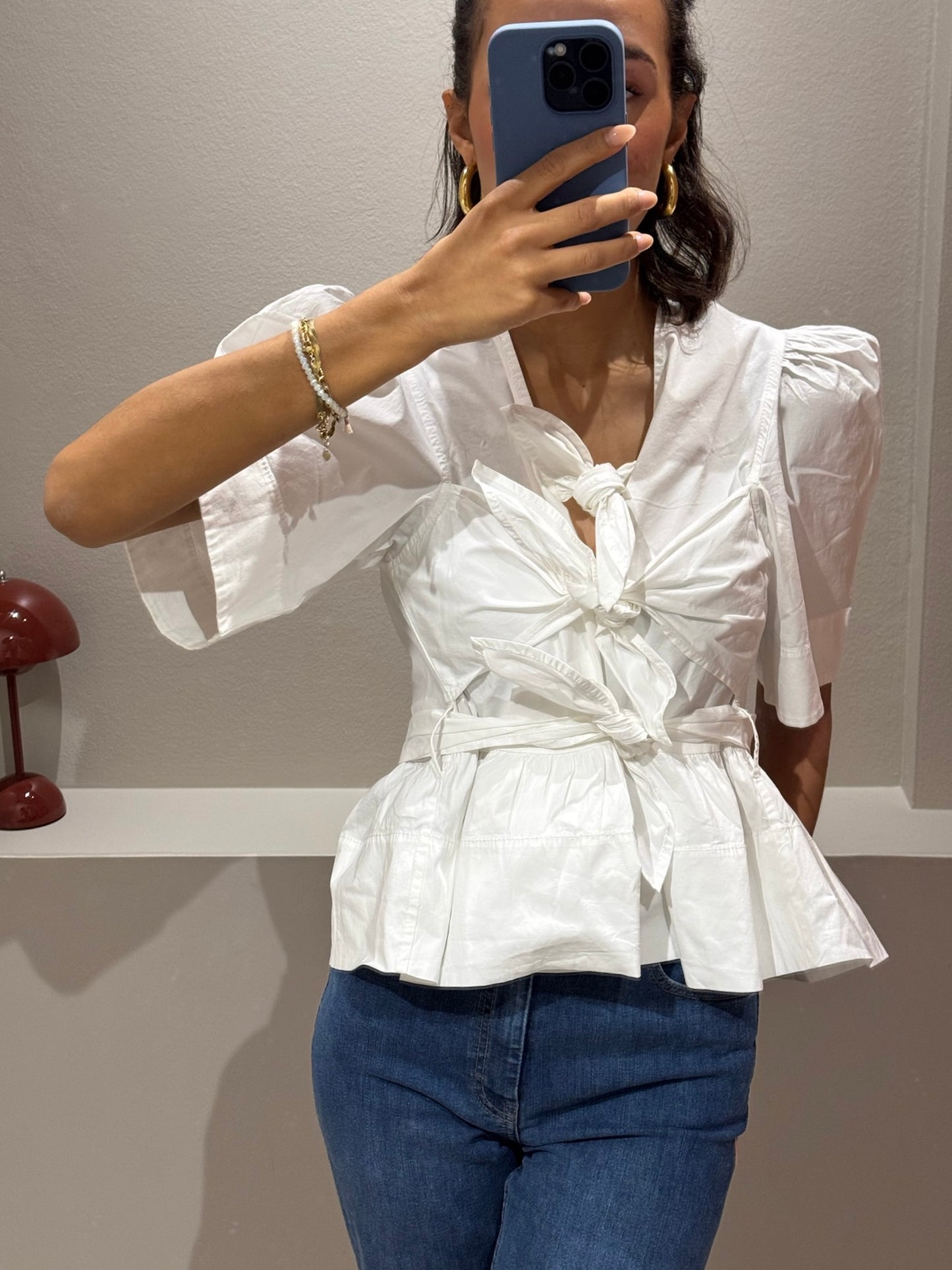 GANNI Washed Stretch Cotton Tie Strap Blouse