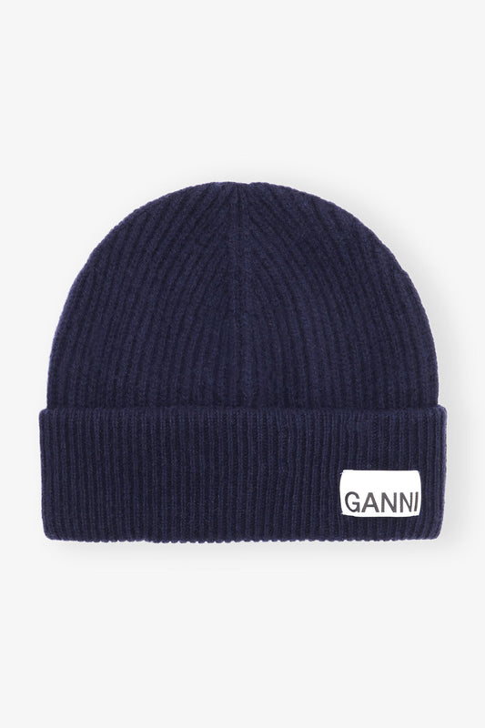 GANNI DARK BLUE RIB KNIT BEANIE