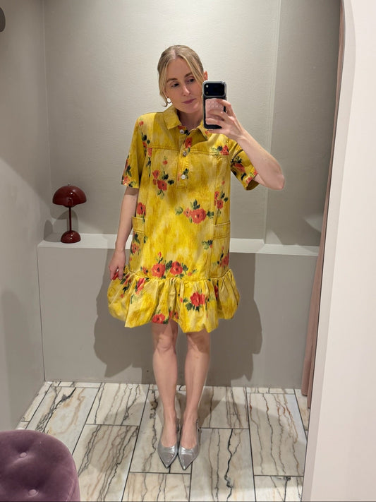 GANNI Print Denim Peplum Mini Dress