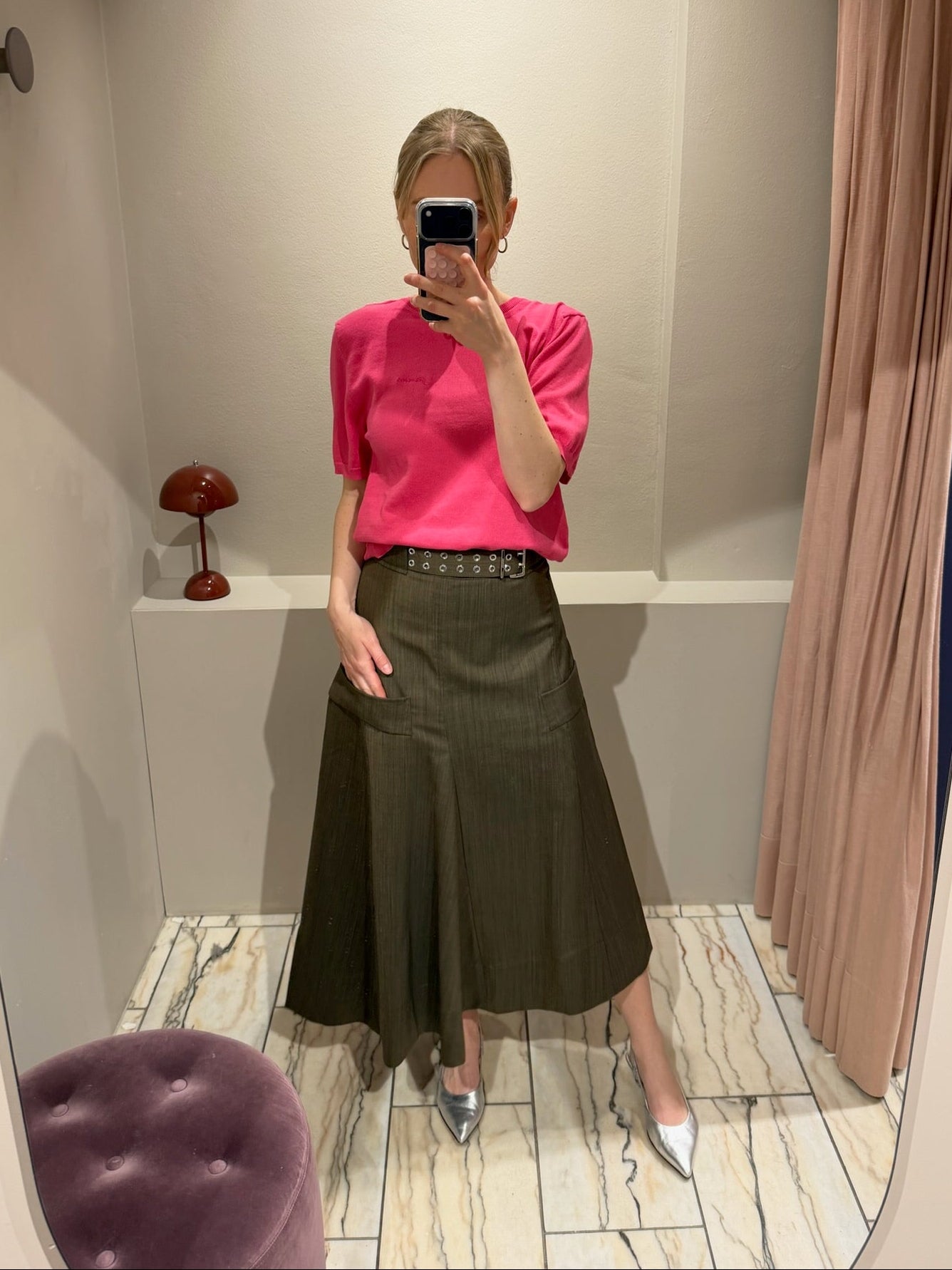 GANNI Light Wool Melange Belted Asymmetric Skirt