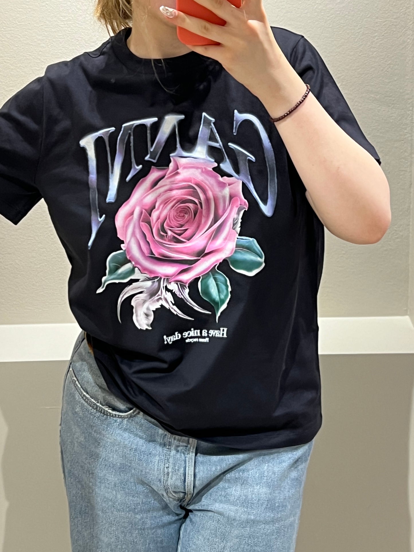 GANNI BLACK BASIC JERSEY ROSE RELAXED T-SHIRT