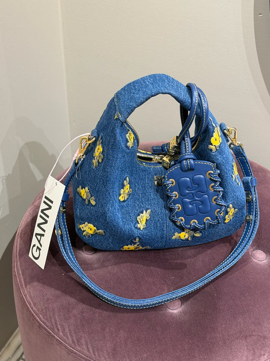 GANNI Hobo Mini Denim Flowers Debossed