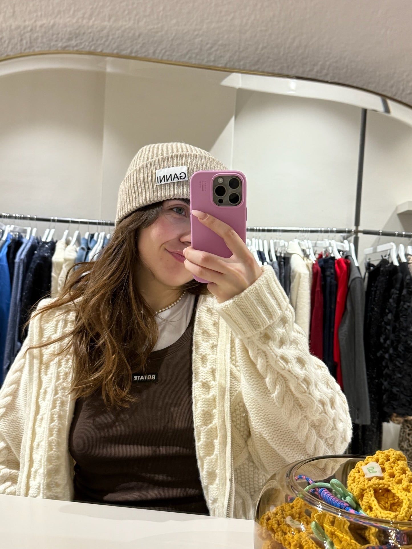 GANNI Light Structured Rib Knit Beanie Sand