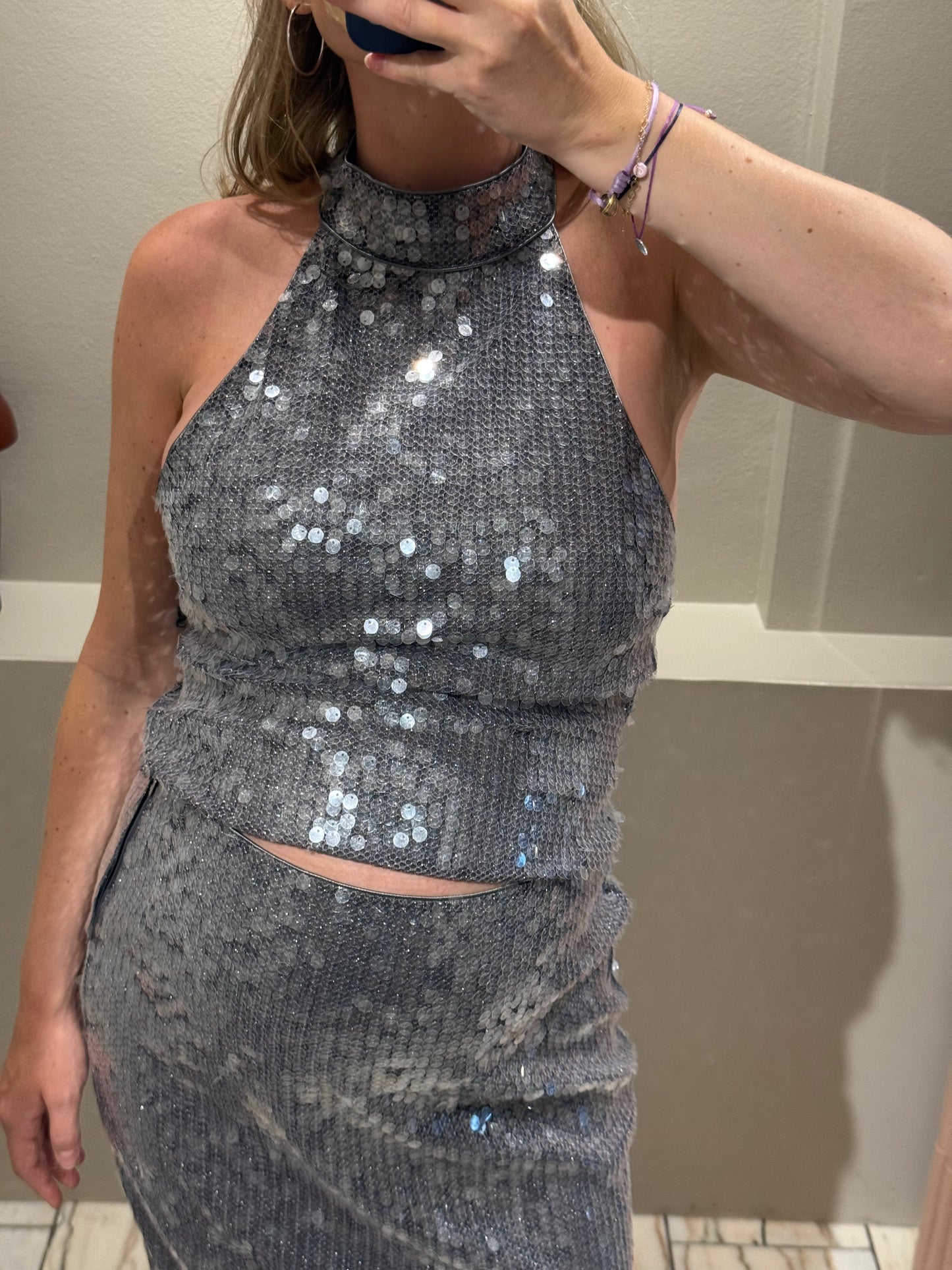 Rotate Net Sequin Halterneck
