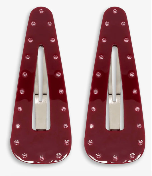 2er Pack Haarspangen in dunkelrot, besetzt mit pinken Strasssteinen