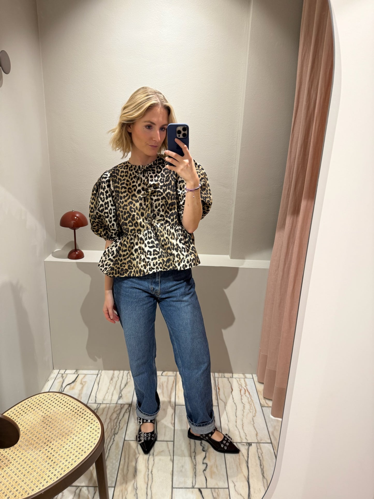 GANNI Printed Cotton Poplin Peplum Blouse