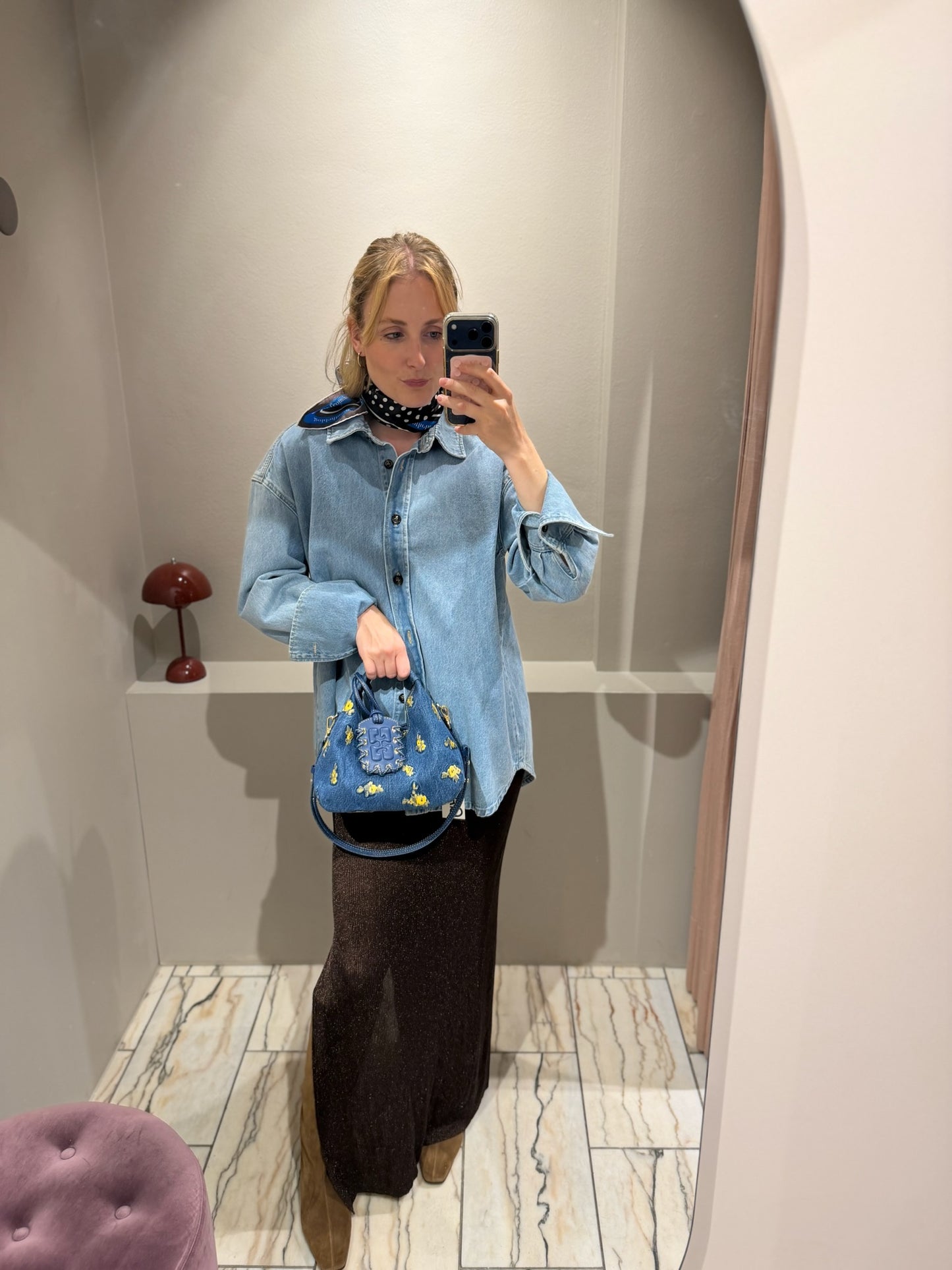 Hobo Bag Mini Denim Flowers Debossed