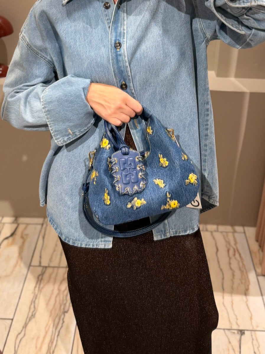 Hobo Bag Mini Denim Flowers Debossed