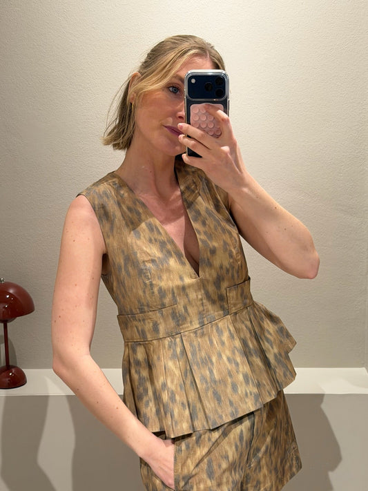 GANNI Printed Stretch Cotton V-neck Pocket Blouse