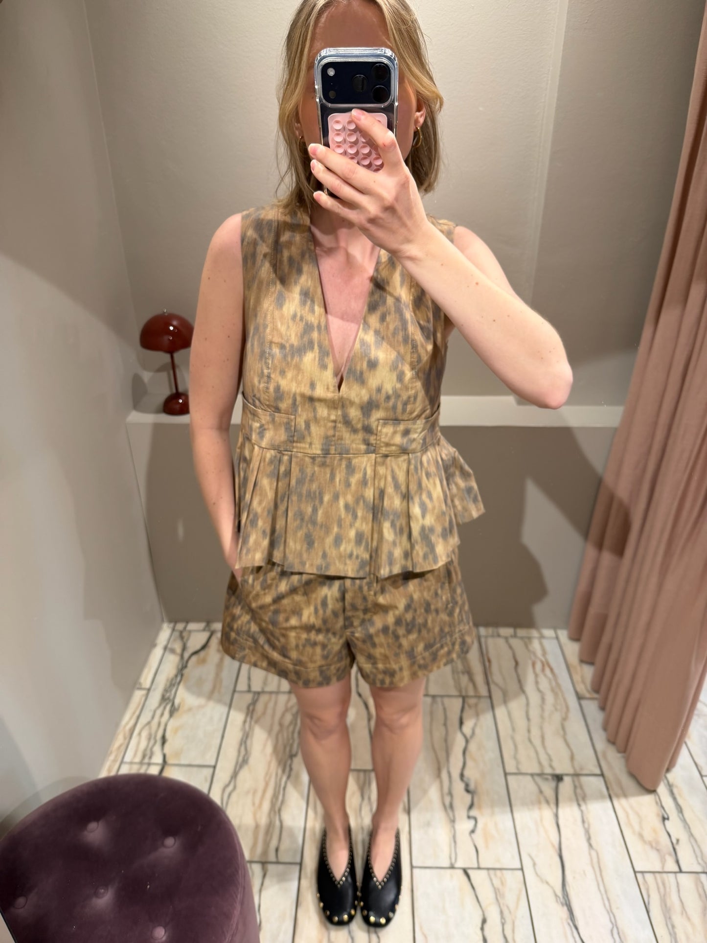 GANNI Printed Stretch Cotton V-neck Pocket Blouse