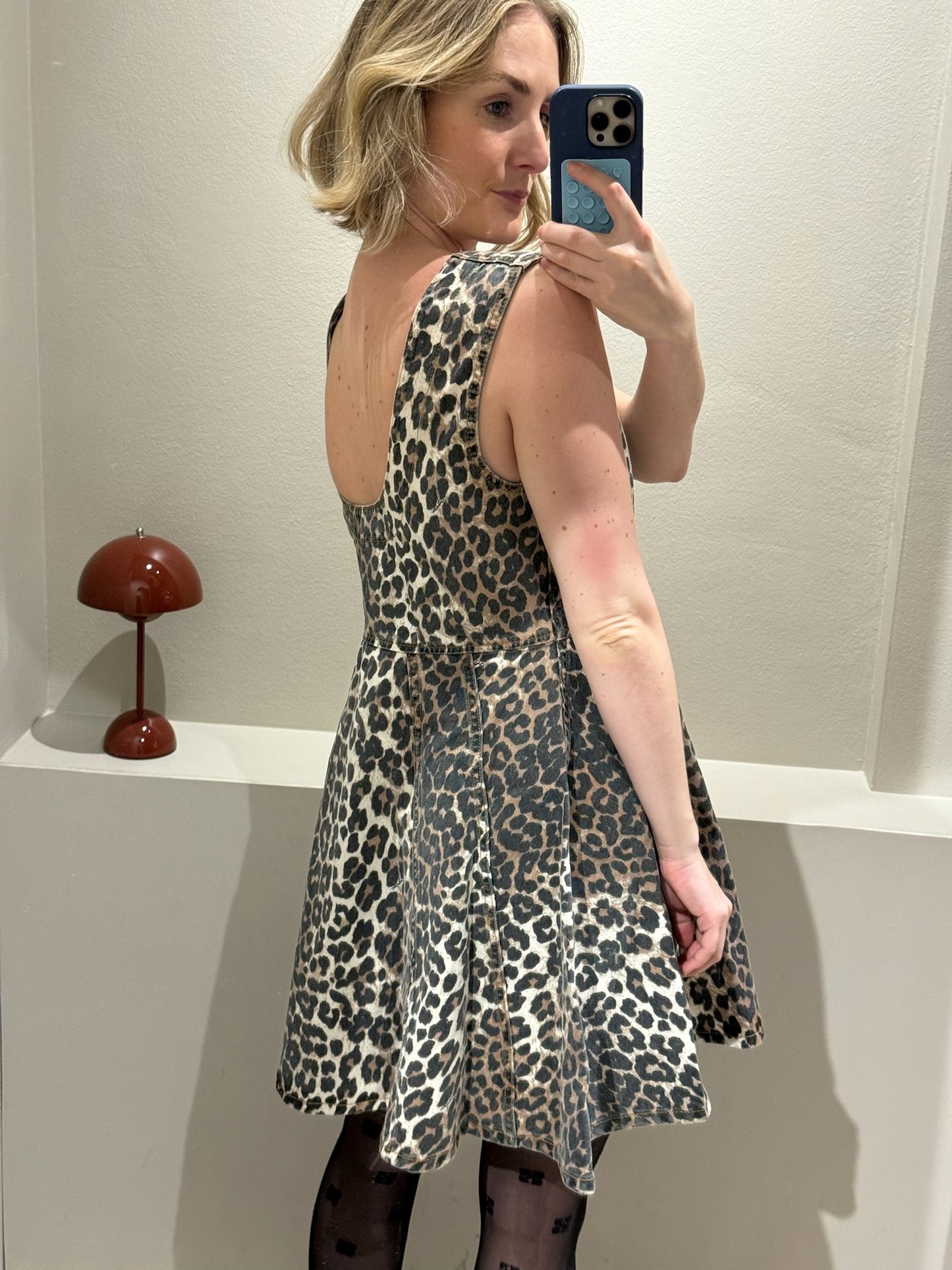 GANNI Print Denim Flounce Mini Dress