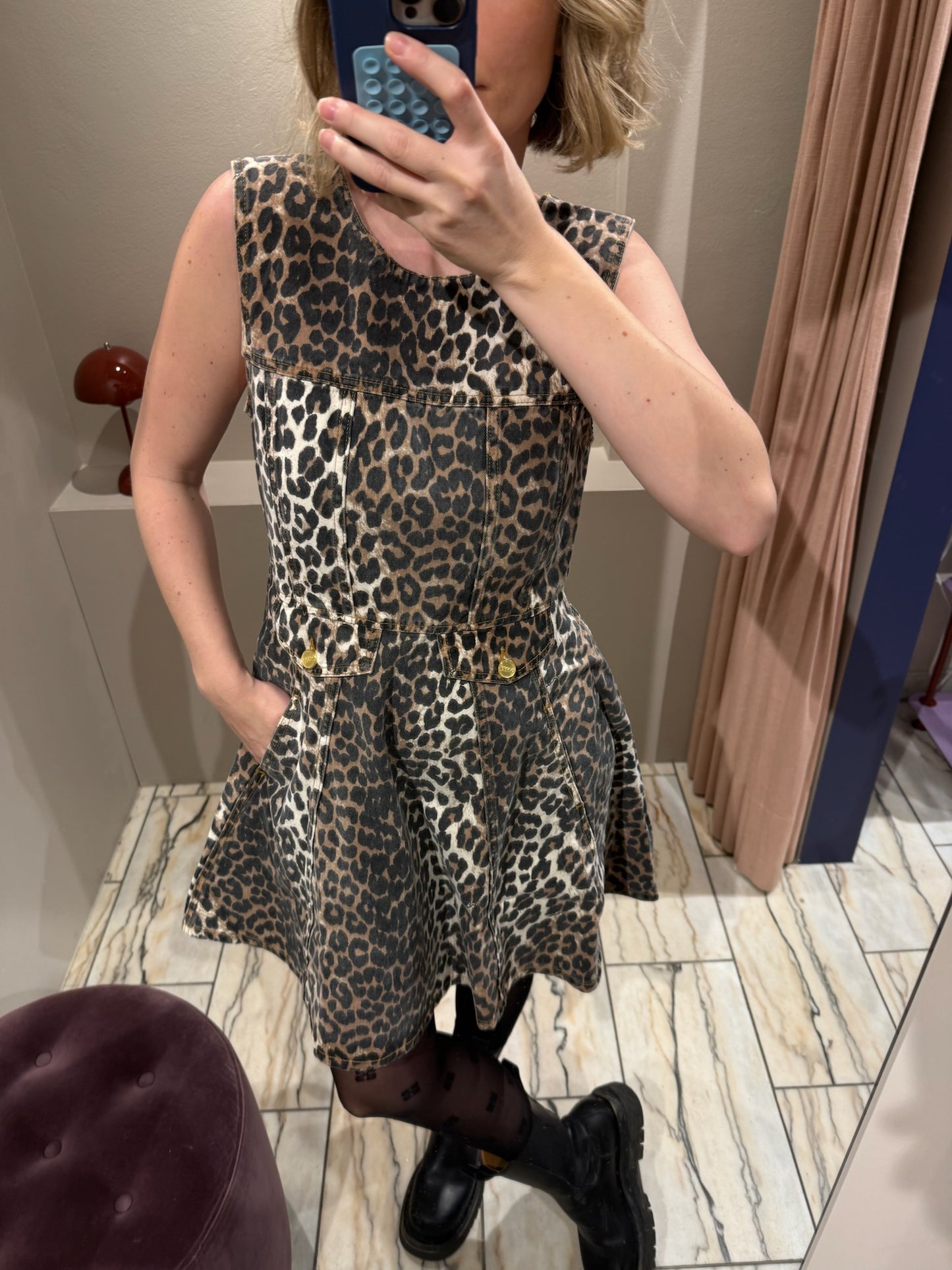 GANNI Print Denim Flounce Mini Dress