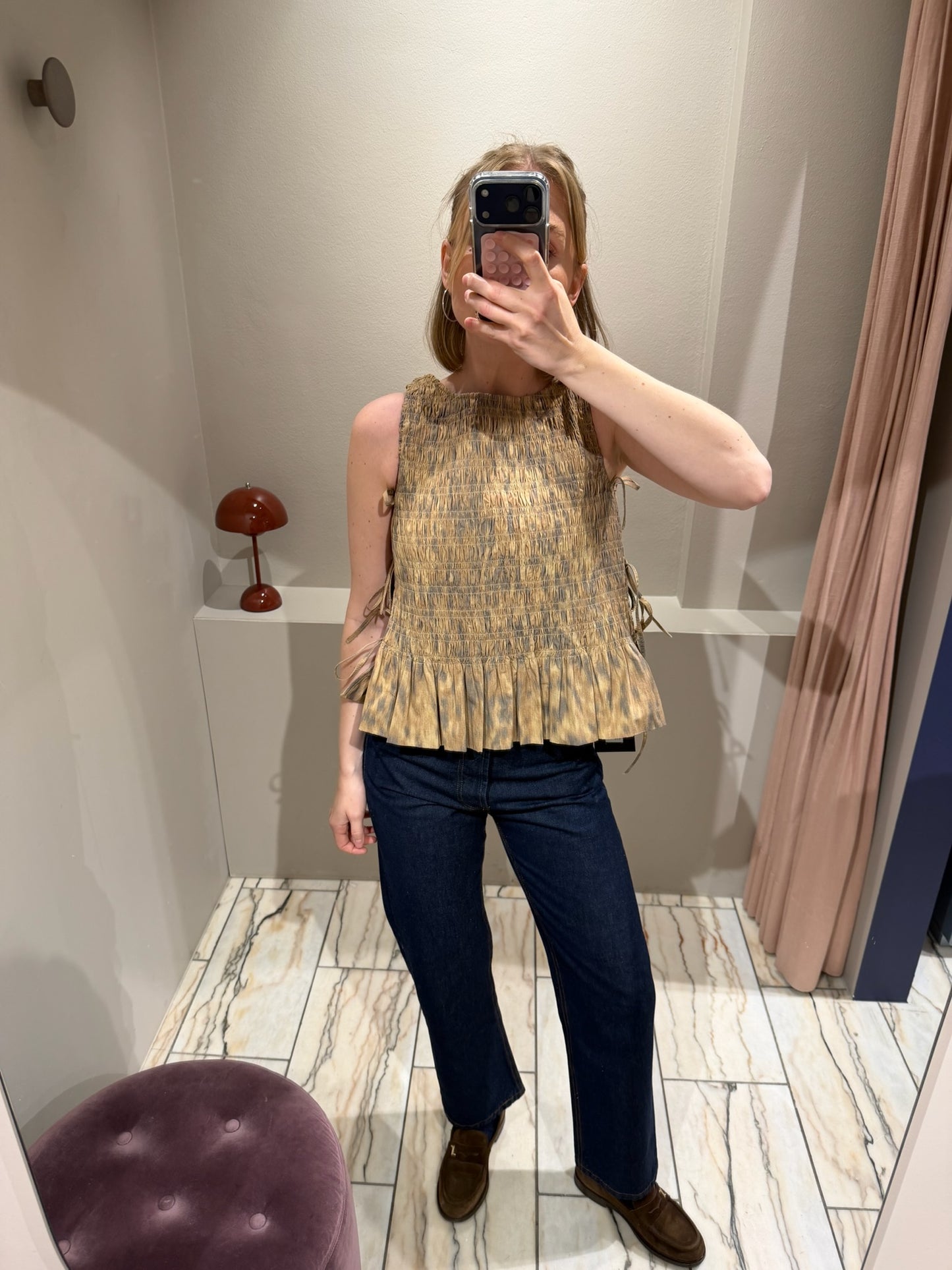 GANNI Printed Stretch Cotton Smocked Tie String Top