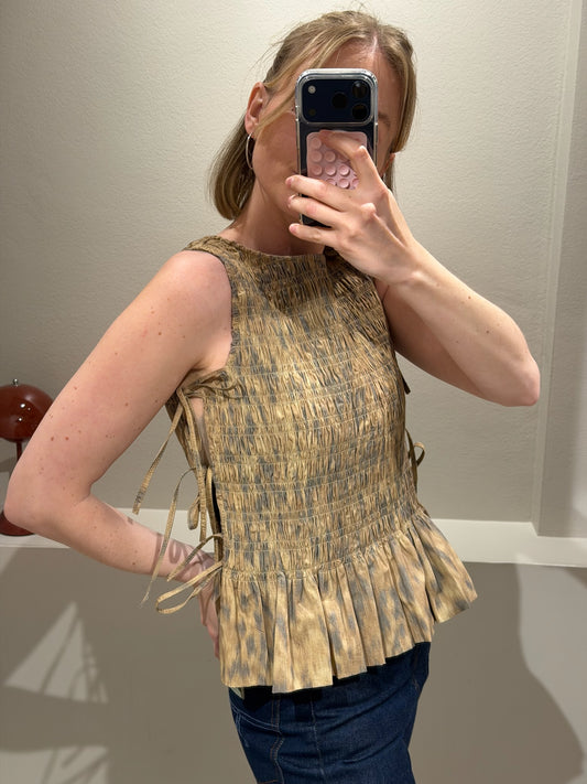 GANNI Printed Stretch Cotton Smocked Tie String Top