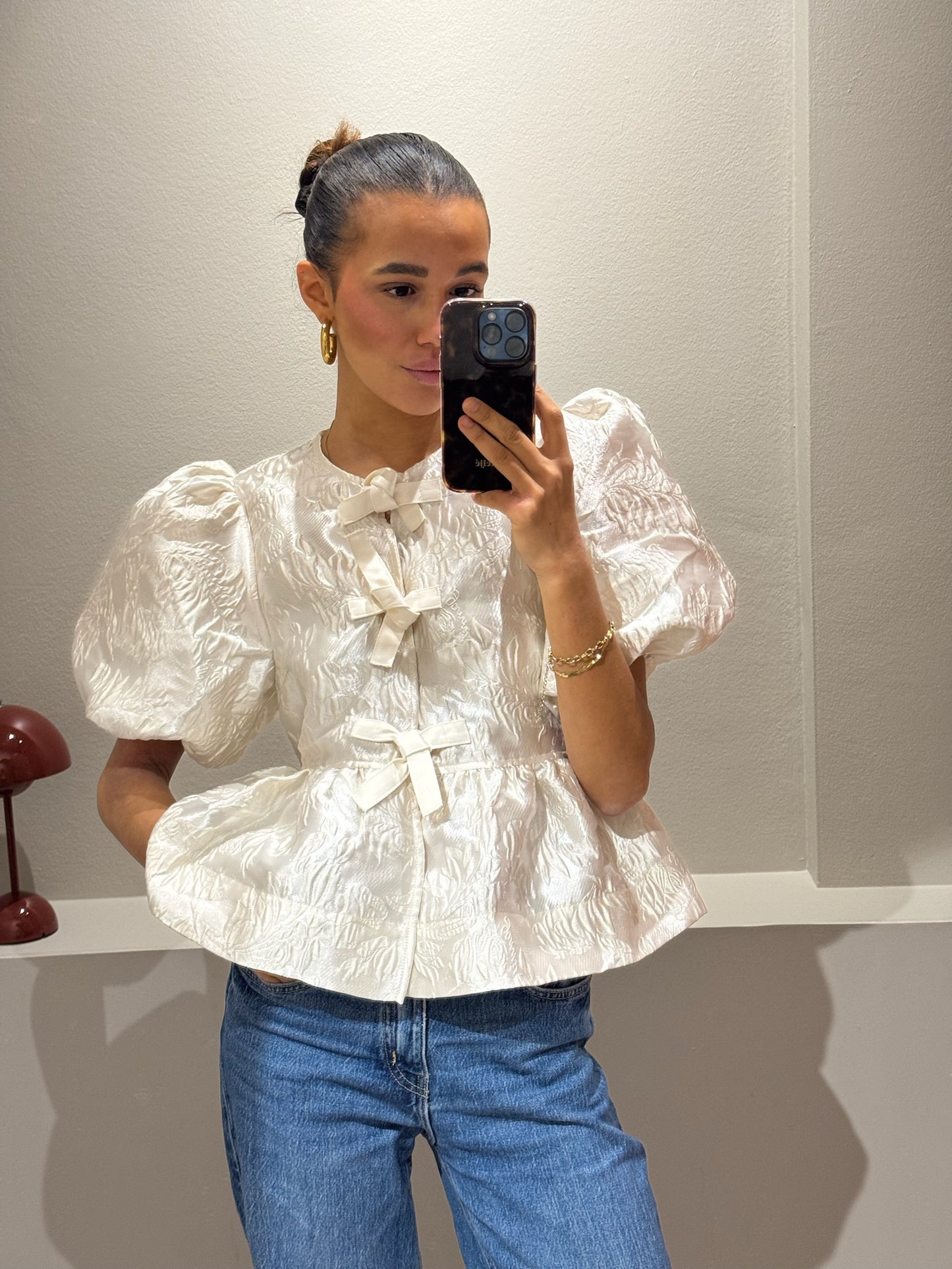 GANNI Satin Cloque Peplum Blouse