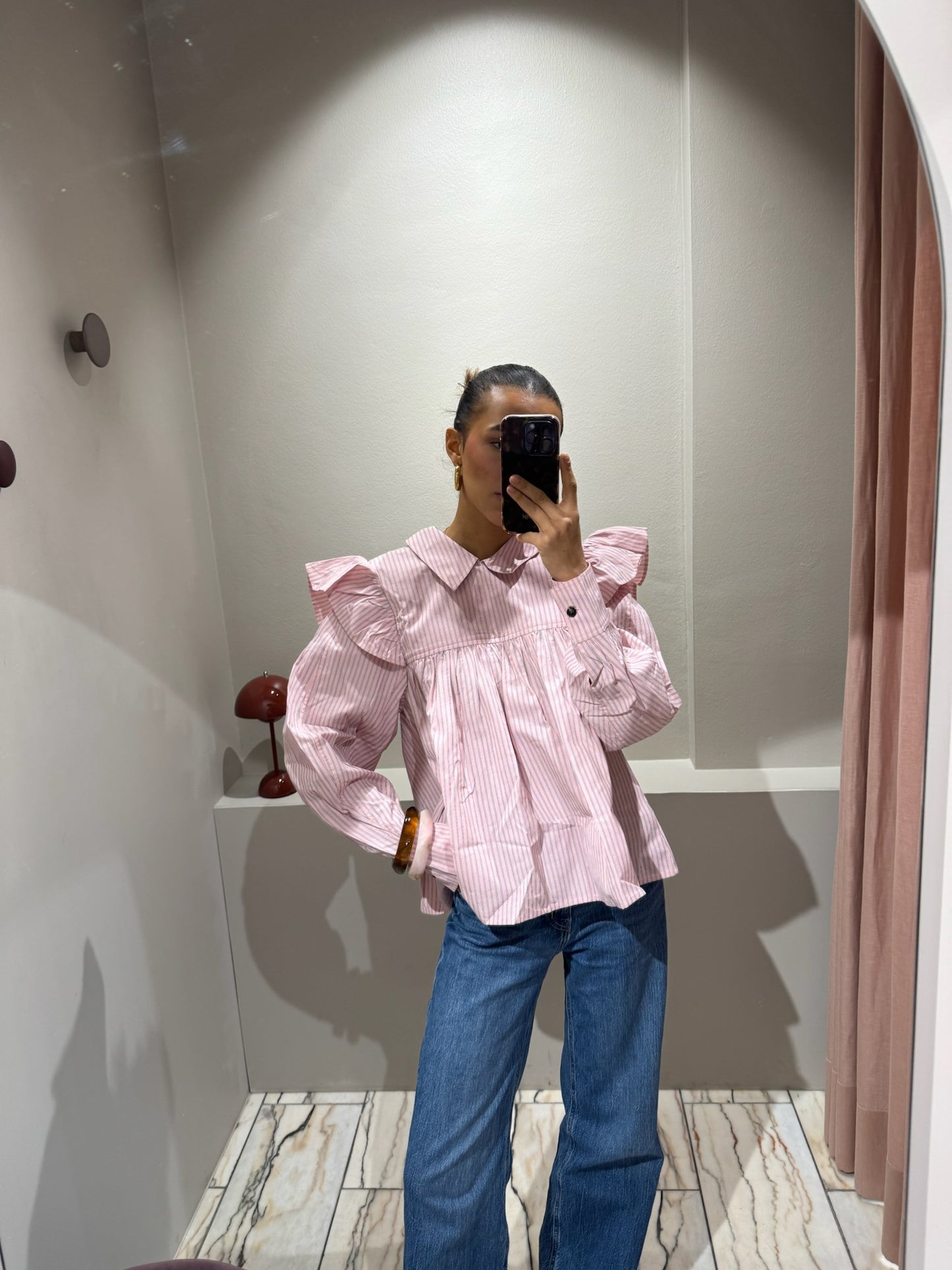 GANNI Oxford Stripe Frill Blouse