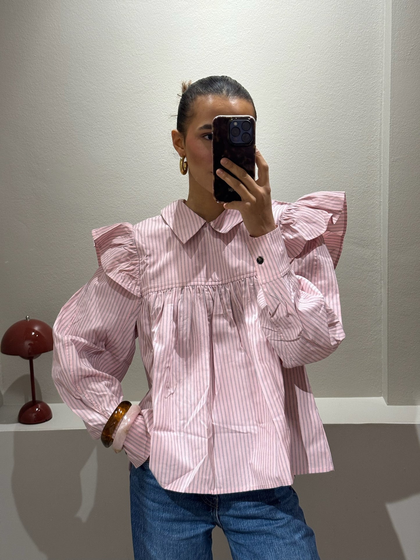 GANNI Oxford Stripe Frill Blouse