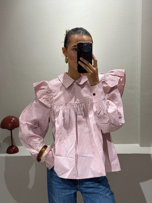 GANNI Oxford Stripe Frill Blouse