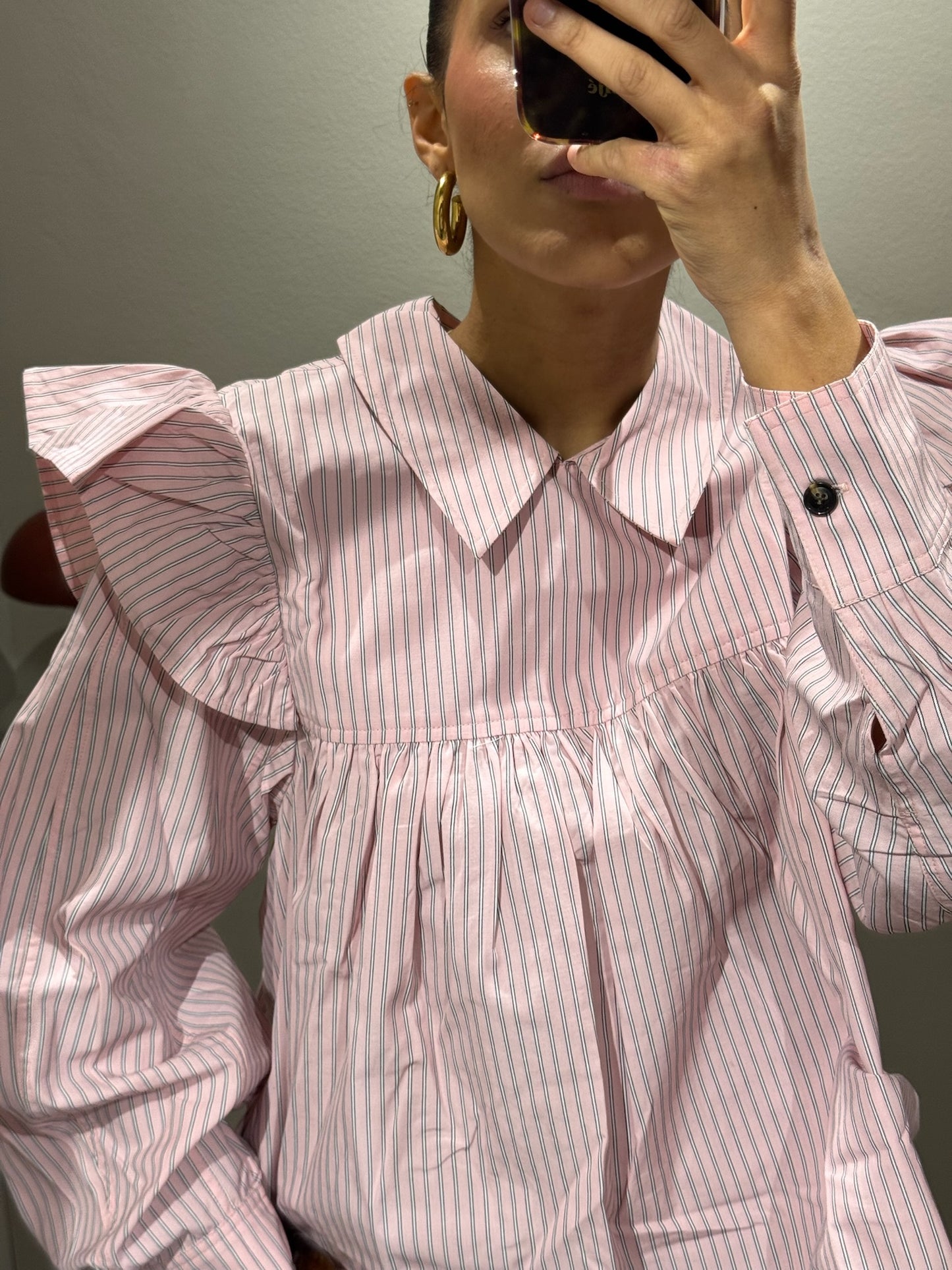 GANNI Oxford Stripe Frill Blouse