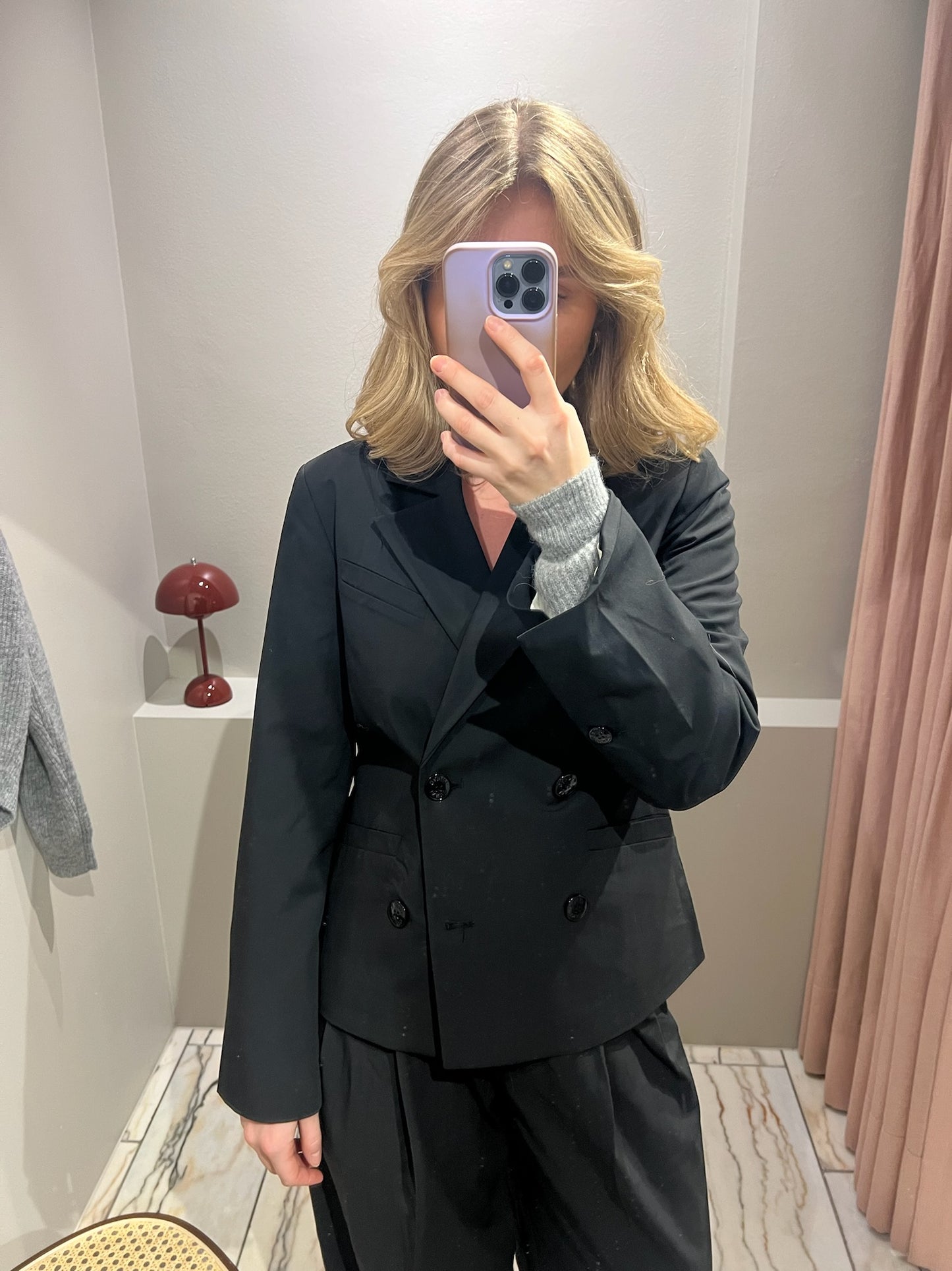 GANNI Drapey Melange Fitted Double Breasted Blazer