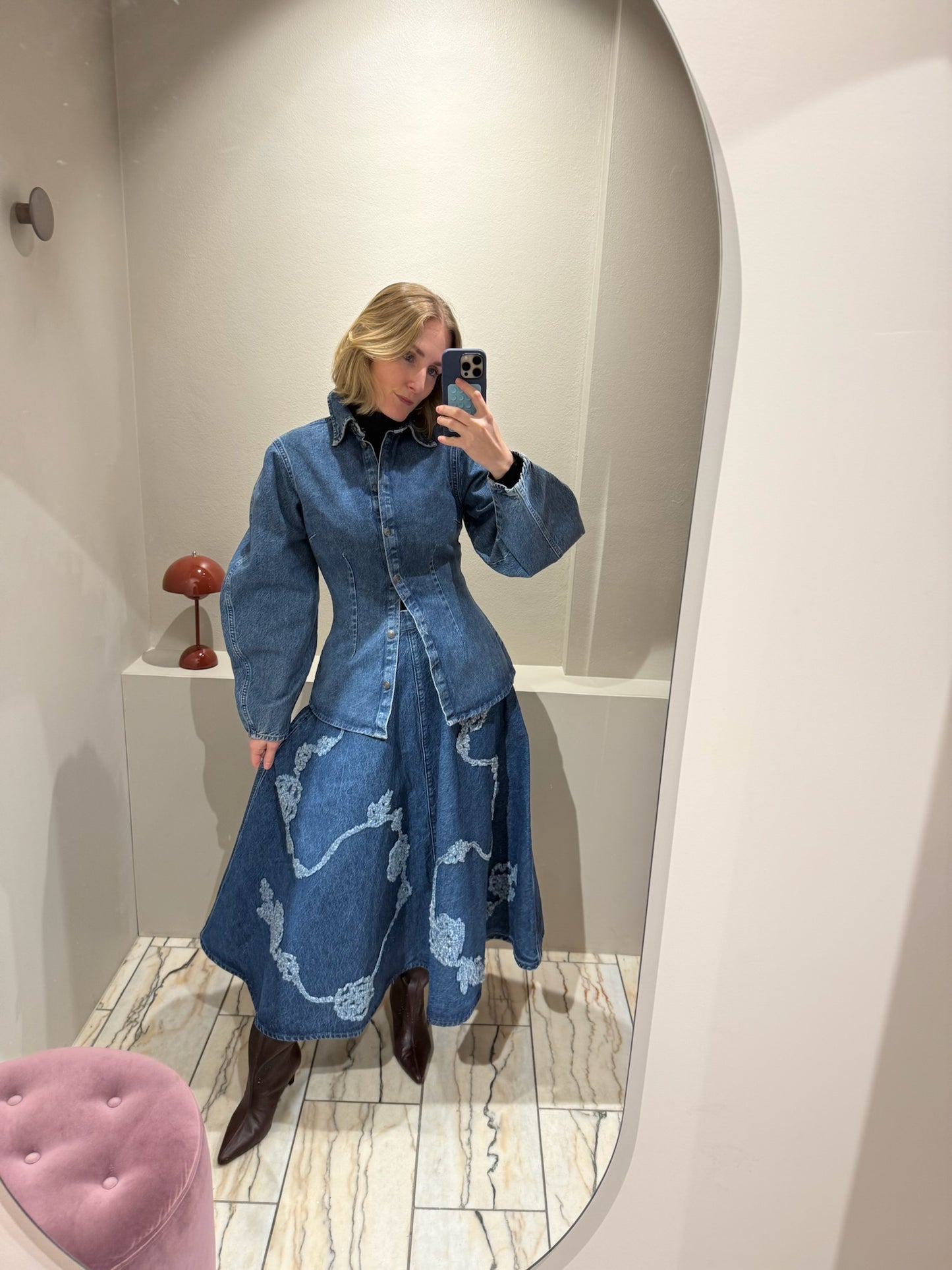 ROTATE Denim Flower Midi Skirt