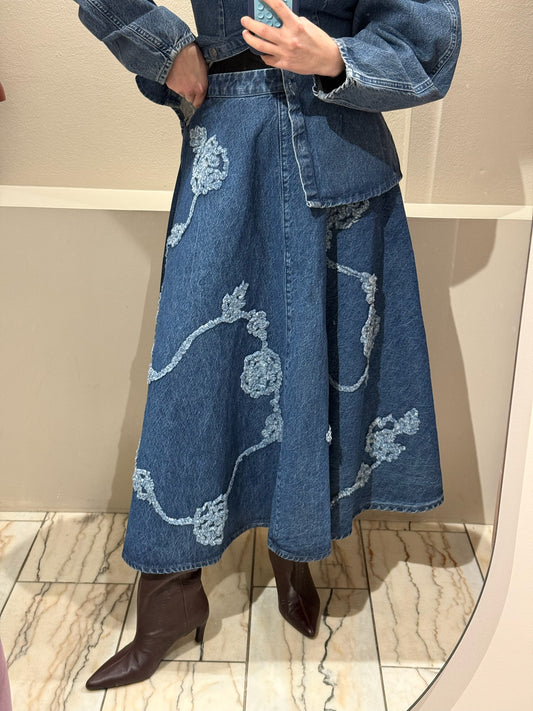 ROTATE Denim Flower Midi Skirt