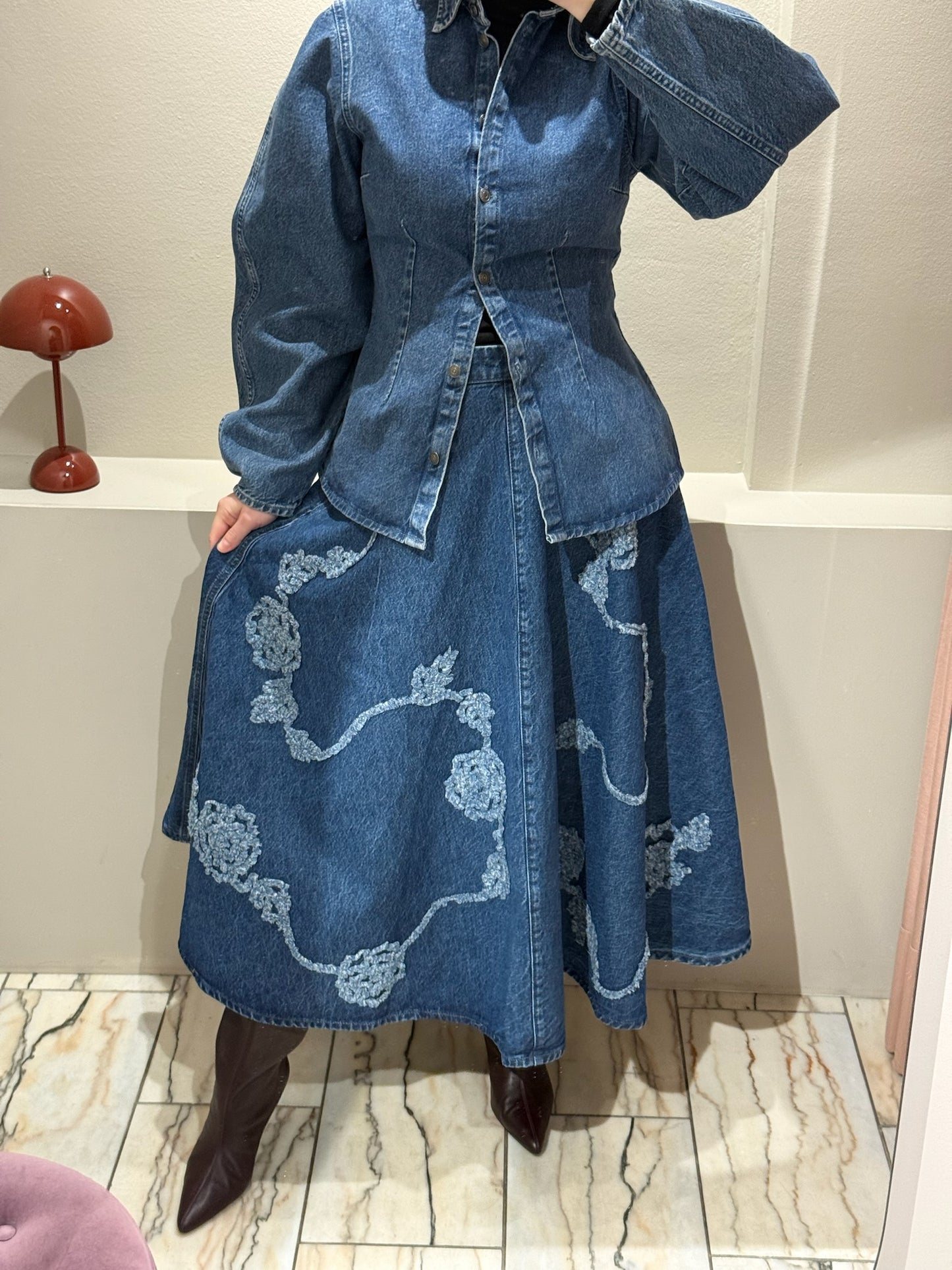 ROTATE Denim Flower Midi Skirt